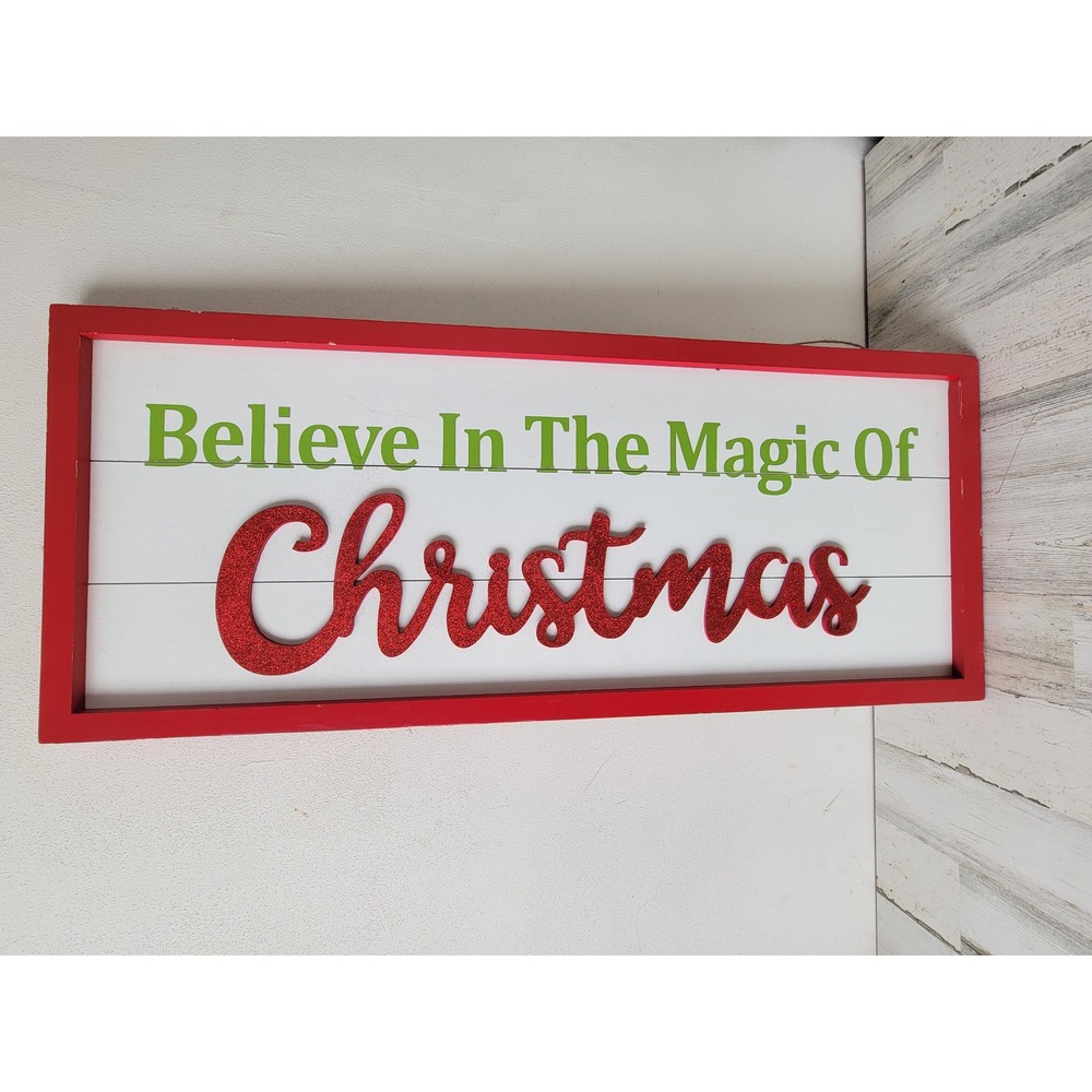 Believe in the magic of xmas large sign wooden hanging home decor glitter